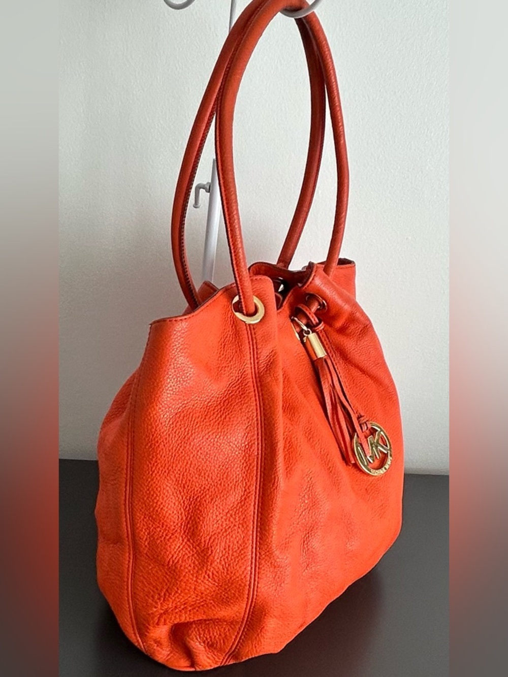 Michael Kors Orange Pebbled Leather Drawstring Tote Bag Shoulder Bag - Picture 6 of 11